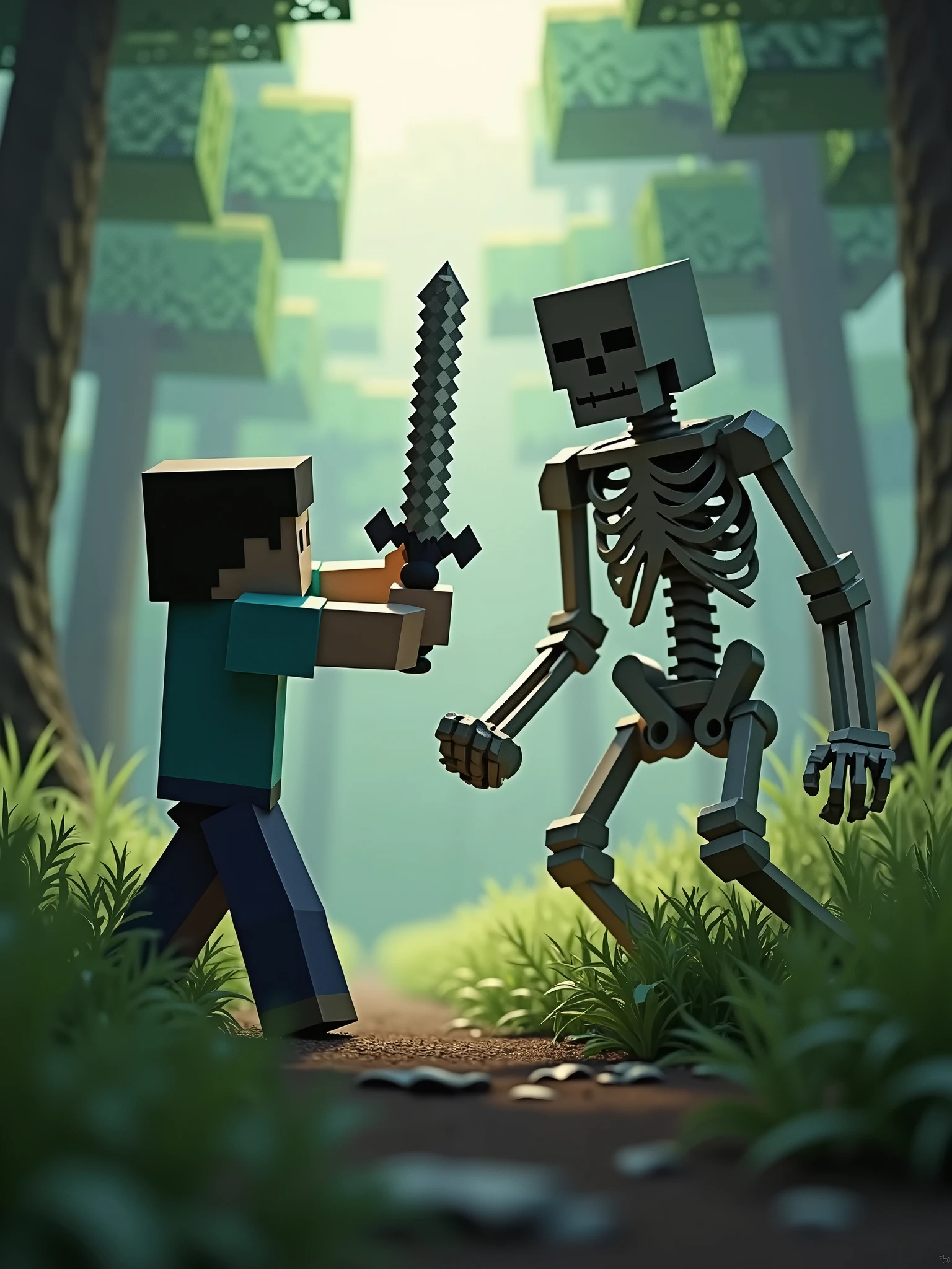 minecraft steve with a sword beating down a minecraft skeleton, minecraft promotional art, minecraft style, best quality, absurdres, intricate design, cinematic lighting, forest, depth of field