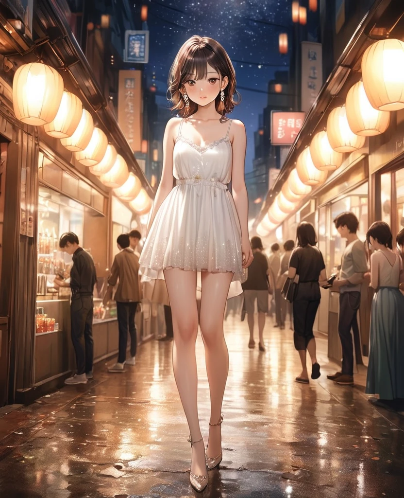 8K,an extremely delicate and beautiful,full body standing,Beautiful and realistic skin,Shiny jewel-like earrings,Bedhead,like glitter white and brown hair,beautiful eyes,white camisole,short shots,asian cute girl,full body,Shining brightly night city