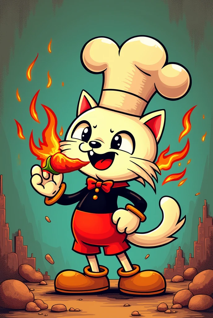 Cuphead design style illustration of lucky cat with chef hat who eat pepper and have his chat hat in fire