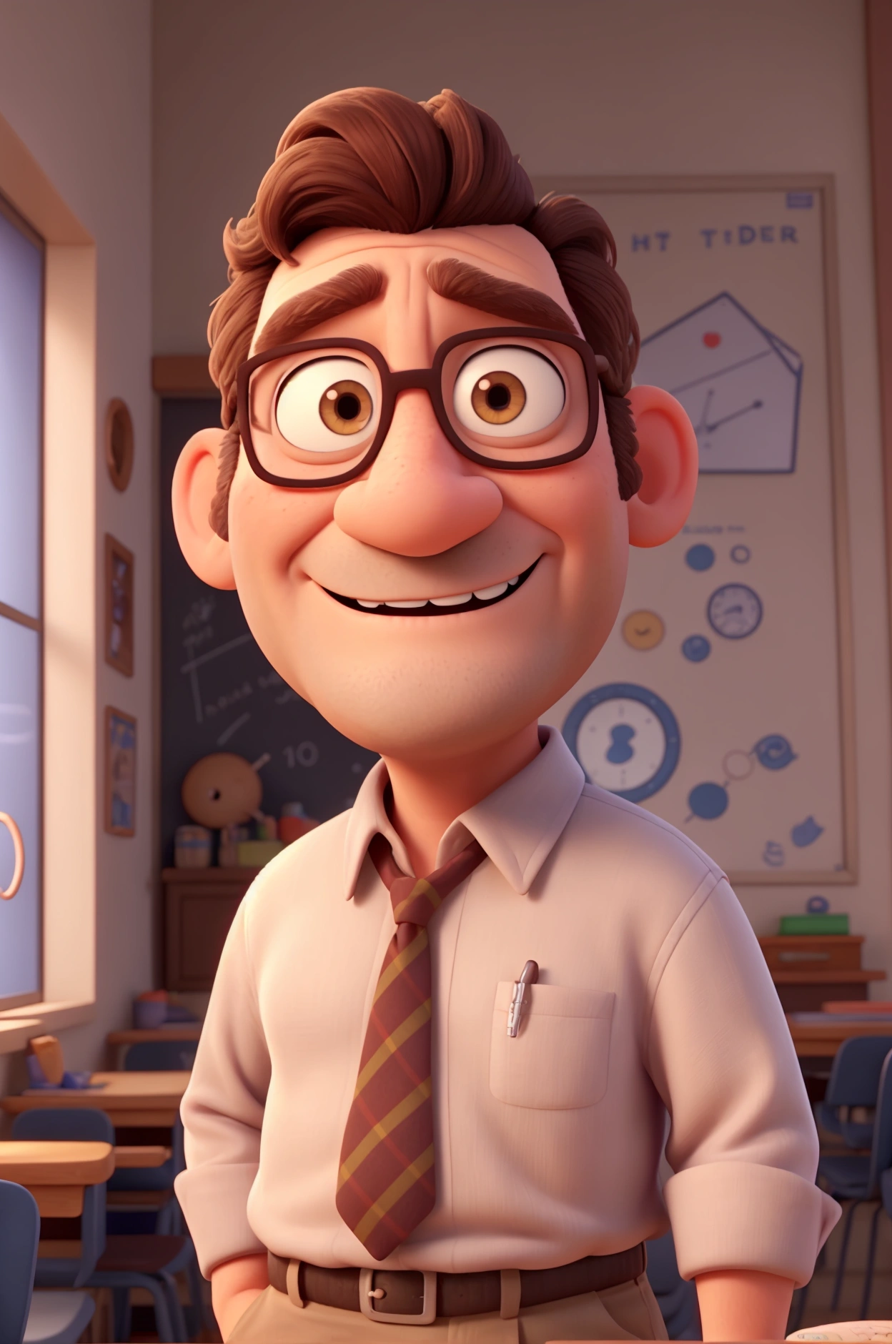 A middle-aged man inspired by Disney Pixar's animation, up close. The character is the center of attention with captivating facial expressions. He has brown eyes and hair. normal clothes, of teacher.