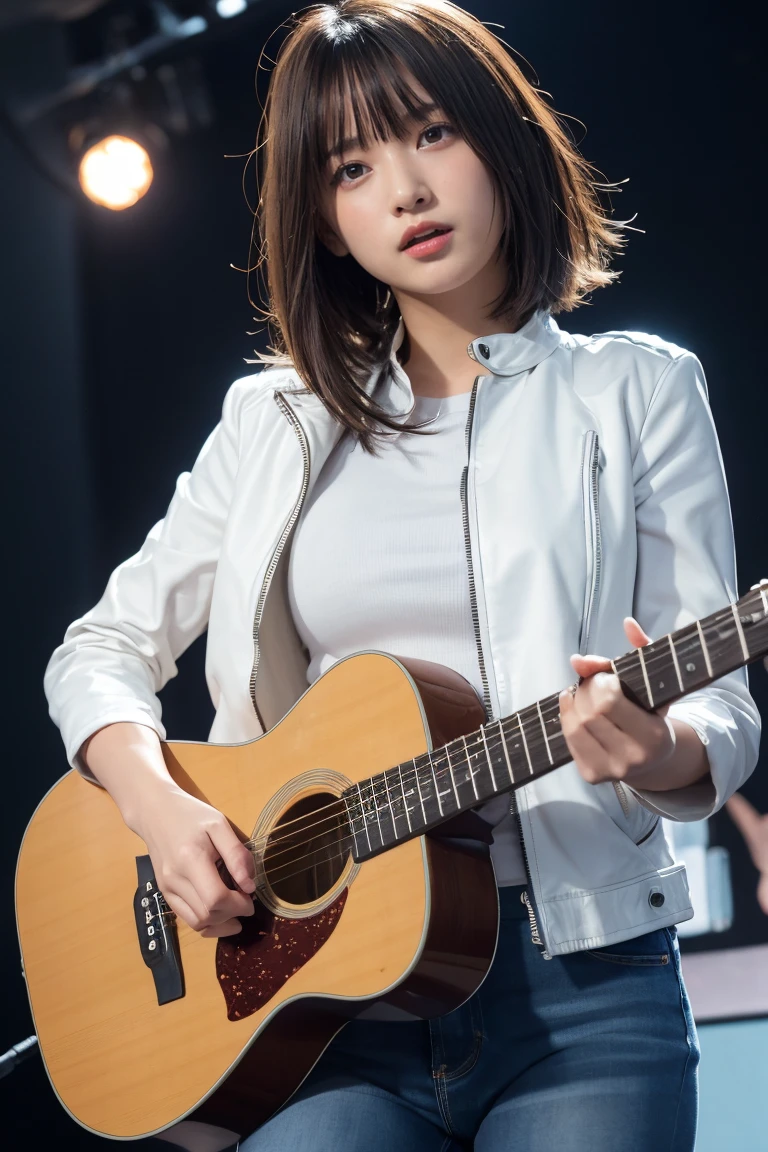 ((Wearing a leather jacket and ripped jeans)),((sing passionately on stage)),((While playing the guitar)). The crowd cheers、Stage lights flashing, masterpiece, Highest quality, 8k, 1 person, 20th Generation, Open your mouth a little, A blank look, close, alone, Brown eyes、Delicate, Pure beauty, RAW Photos, Professional photography, Portraiture, Soft Light, Professional Lighting, Backlight, I look forward to seeing you, Sophisticated, Film Grain, (Eye and facial details:1.0), (Medium Hair:1.4, Blonde:1.3)、((Show your amount))、((Part my hair in the middle))、(美しいBlonde)、((Open your mouth a little))、((Sad expression))、((Worried look))、((On the roof of an abandoned building))、Very beautiful Japan female idol、(Genuine,Genuineistic:1.4)、Very delicate and beautiful、Very detailed、Soft Light、Beautiful detailed、Beautiful Eyes、Cinema Lighting、(Medium Hair)、(Bob)、Complete Anatomy、Slender body、Small breasts、Tilt your head、Model body type、 Ultra detailed face,、Seductive smile、cute、White skin、Fair skinの美しい肌、Brown eyes、Beautiful symmetrical face、Small face、Age 25、Beautiful small breasts、Genuineの人間の皮膚、Perfect figure、Perfect anatomical figure、whole body写真、Detailed and realistic human body、Detailed and realistic skin、Realistic face in every detail、Detailed and realistic eyes、Detailed and realistic lips、Detailed and realistic teeth、Detailed and realistic ears、Detailed and realistic hair、Beautiful Hands、Realistic feet down to the last detail、Realistic breasts down to the last detail、Realistic areola down to the last detail、Realistic nipples down to the last detail、Realistic female genitalia down to the smallest detail、Realistic vagina down to the last detail、Detailed and realistic clitoris、Realistic anus down to the last detail、細部までリアルなThick pubic hair、whole body、whole body白肌、Fair skin、Pubic hair is thick、Thick pubic hair、 Completely naked、urination、Pleasant expression、Blushing cheeks and an ecstatic expression, Leaking urine、A sex toy is inserted into the anus、Open your mouth a little、