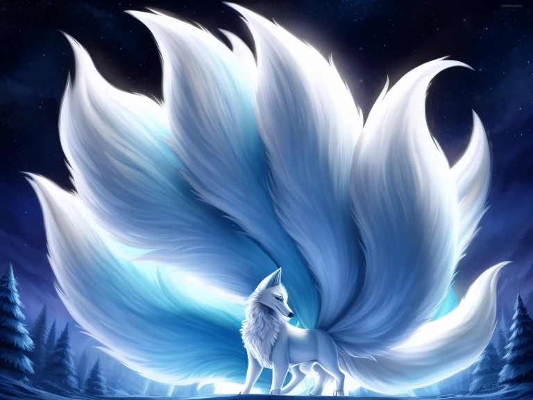 （（（White fox with 9 tails））））, Alolan Ninetales, feral, feral fox, Highest quality, Highest quality, High quality illustrations, masterpiece, Ultra-high resolution, Detailed Background, night, Absurd, Perfect Anatomy, performance, Good lighting, fox, white fur, NSFW, canine penis, presenting penis, looking at viewer, half-closed eyes, smug smile, smile, spread pussy, bodily fluids, side view, low angle view, close up view