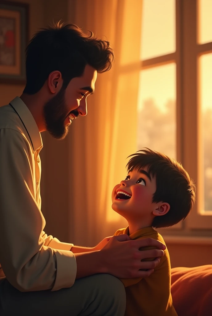 Scene 7: The boy understands and agrees
The boy smiles brightly and nods his head, showing that he understands the importance of gratitude. He looks at his father with admiration and says, "You’re right, Dad, thank Allah!" The room's lighting adds a warm, comforting glow, emphasizing the loving bond between father and son.