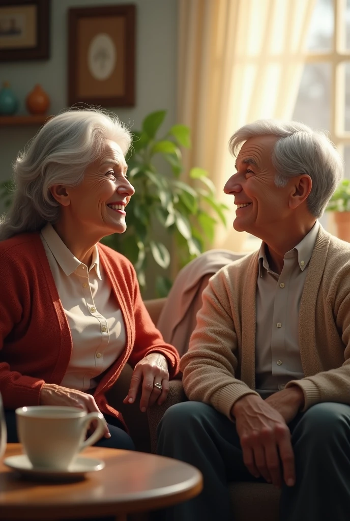 Two older adults sitting and talking 