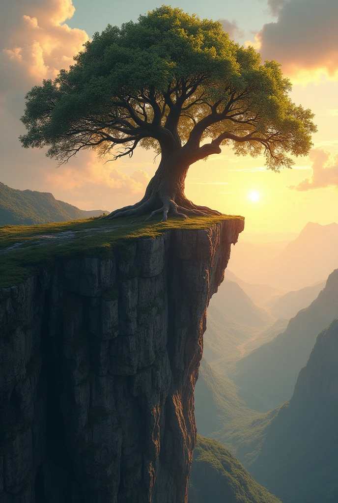 Roots of Resilience
"A mighty tree standing tall on the edge of a cliff, its roots firmly gripping the rocky terrain, representing resilience and strength. Despite the fierce winds and eroding cliffside, the tree remains unyielding, its branches stretching out towards the sky. The sun is setting in the background, casting a warm, golden glow on the tree, symbolizing endurance and the will to thrive against all odds. The landscape below is a vast, open valley, highlighting the tree’s solitary struggle and unwavering determination."