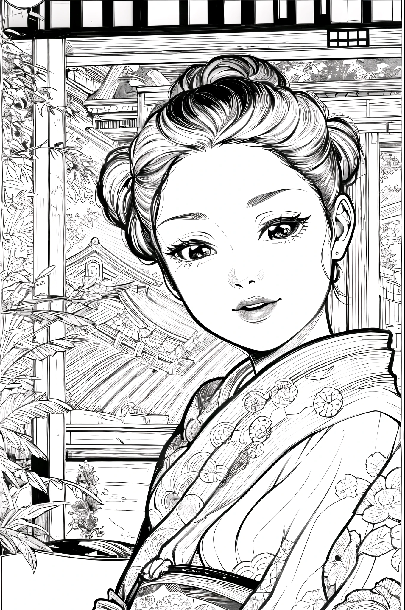 (high contrast, sketch, monochrome, clean line drawings for coloring book:1.3), Depicting a realistic and cute ukiyo-e illustration of a woman in a kimono that conveys Japanese culture. The illustration is a illustration with detailed facial features and cartoon-style visuals, The main hall of the temple can be seen in the background.