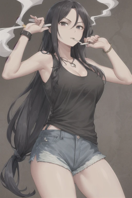 Highest quality,high resolution,２d,(Cel animation style),One woman,30 year old Asian female,(Straight long black hair),((Black tank top)),((Denim shorts)),((1 with a pistol in each hand.3)),(Skull Necklace),Black sneakers,(Beautiful face with a narrow slit 1.3)，Black wristband on left wrist,Beautiful Style,Slender body,(Large Breasts),(((Holding a cigarette)))