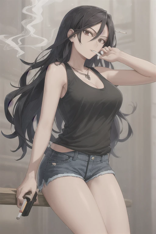 Highest quality,high resolution,２d,(Cel animation style),One woman,30 year old Asian female,(Straight long black hair),((Black tank top)),((Denim shorts)),((1 with a pistol in each hand.3)),(Skull Necklace),Black sneakers,(Beautiful face with a narrow slit 1.3)，Black wristband on left wrist,Beautiful Style,Slender body,(Large Breasts),(((Holding a cigarette)))