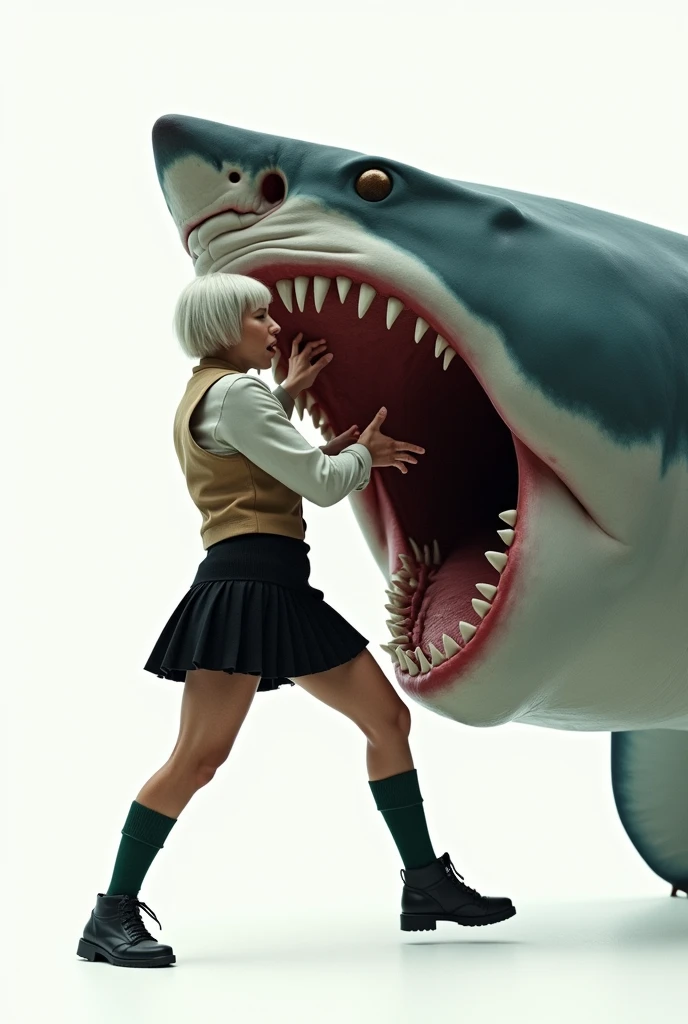((Highest quality)), ((photograph)), (Grab the Jaws with both hands)), (One person), (Face of fear), (Women like bodybuilders), (Giant Jaws), Off-white short-sleeved shirt with light brown vest、A muscular man with a bodybuilder-like build wearing a knee-length black skirt, dark green socks and black shoes.々Short-haired woman、A video of a man desperately swimming away from a large number of giant great white sharks.、Background is white、