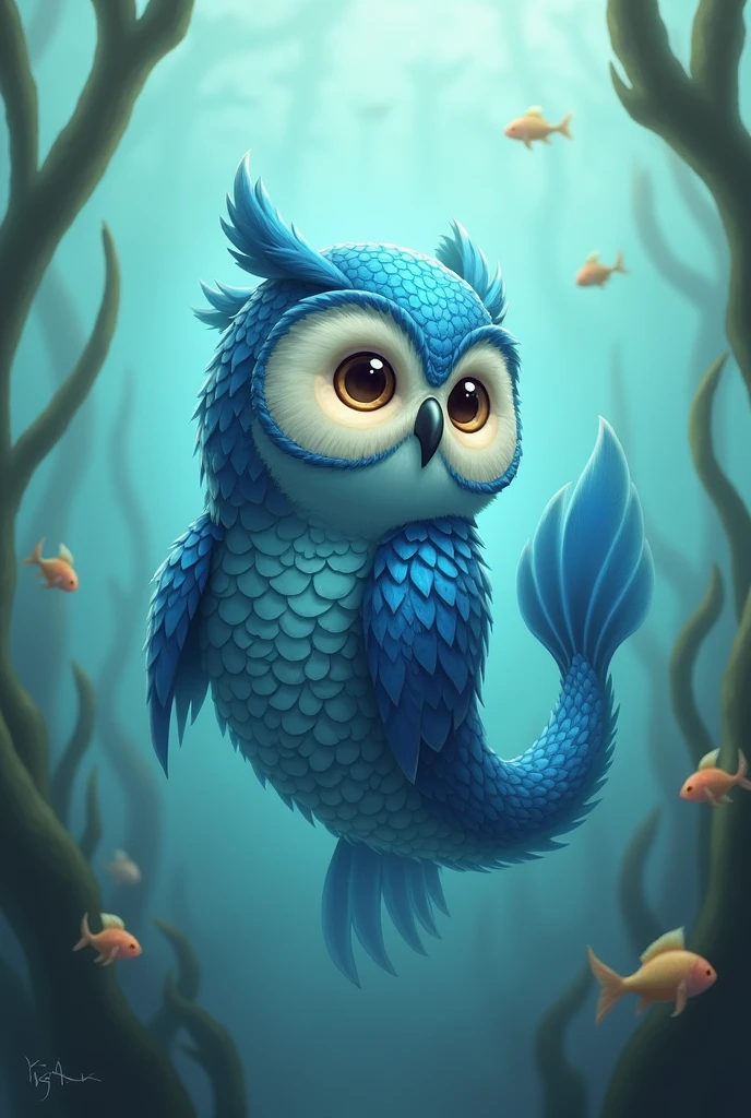 Cute blue fish, with an owl's head and a lying body and a fish