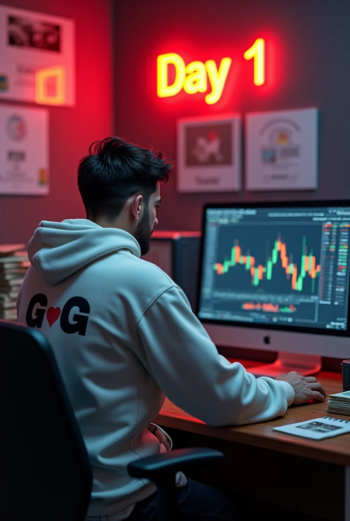 Create a 3d image of a man sitting in trading room on money and working on trading application on his pc the boy face not visible must white hoodie and his name "G ♡ G" written on the hoodie. Pic from back side pc monitor visible. And wall up side corner "Day 1" written on red neon light. Imege size 9:16 hd