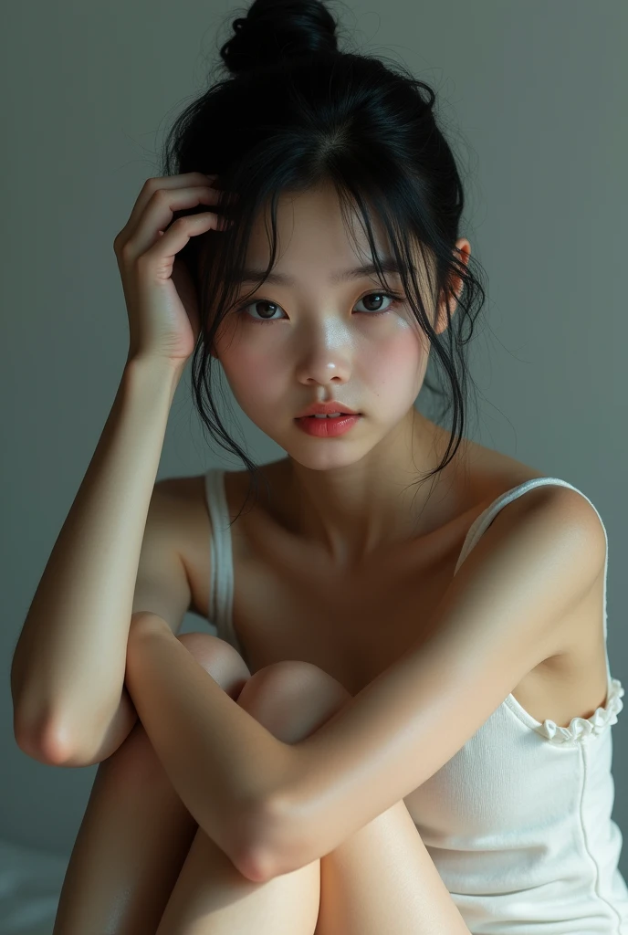 Realistic glowing skin, (発Sweat:1.8),sitting backwards,Look back at your face,Always look at the camera,(発Sweat:1.8),(Beautiful nipples in real life:1.6),,(whole body:1.9),(発Sweatしたリアルな白い肌:1.9),White socks, (Black leather shoes:1.8),
,Cold look,Cold Stare,Black Hair,short hair,Tie your hair short,Silky translucent white skin,,(Very detailed美しい顔), Great face and eyes, (Highest quality:1.4), (Very detailedな), (Very detailed CG 統合 8k 壁紙), Very detailed, High resolution raw color photos, Professional photography, Realistic portrait,Sweat,,(A Cup:1.9),(Flat Chest:1.9),(Very small breasts:1.9),(Breast augmentation:0.1),(Small breasts beginning to swell:1.9),(Breasts during puberty:1.9),
, (少女のwhole bodyの詳細なRAW写真), Canon EOS R5 250mm, Sharp focus, Cinema Lighting, (No makeup:1.2), Fine skin, Delicate collarbone,,(Ultra-high resolution:1.6), (Realistic:1.6),,(Japanese junior high school girls:1.9),(whole body:1.8),(Sweatが滴る肌:1.9),(Black pleated skirt for the lower body only:1.9),(Sweatで滲んだ肌:1.9),(Age is :1.9),(Raise one hand above your head:2),(Topless:1.9),Height is 155cm,Non-erect, thin nipples,very small nipples,Natural nipples,Real girl nipples,Not disgusting nipples、 (Armpit hair just starting to grow:1.9),(sit cross-legged:1.9),Sitting cross-legged,Sit, (Sitting cross-legged:1.9),