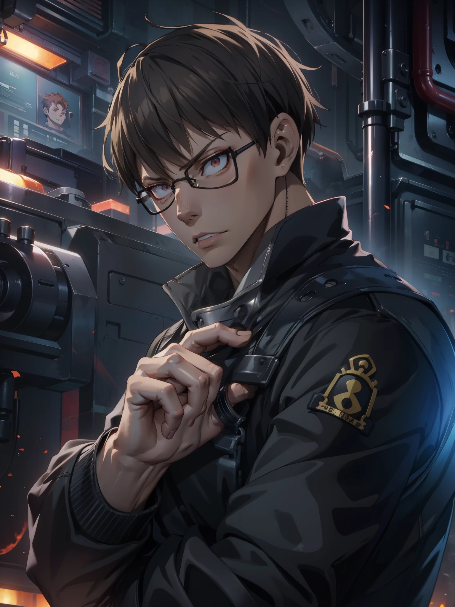 8k, Highly Detailed, Masterpiece, source_anime, best quality, beautifully detailed eyes and beautifully detailed hair, 1man, solo, young man with short brown hair and light skin, The character is wearing rectangular black glasses and has brown eyes, He has a serious expression with sharp, angular facial features, including prominent cheekbones and a defined jawline, He is dressed in a black shirt, The man is holding a hand near his face, with a serious expression and looking slightly to the side. The background consists of a grid wall with various firearms mounted on it, illuminated by a blue light. The overall scene has a serious and intense atmosphere, with a focus on the character's contemplative demeanor and the detailed background elements, the character is a member of the fire brigade