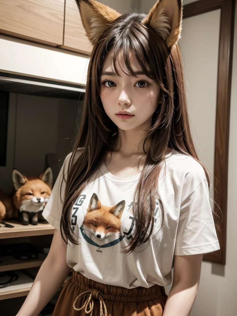 One person, chest, 大きなchest, Fox Ears, t shirt long hair, Brown Hair,