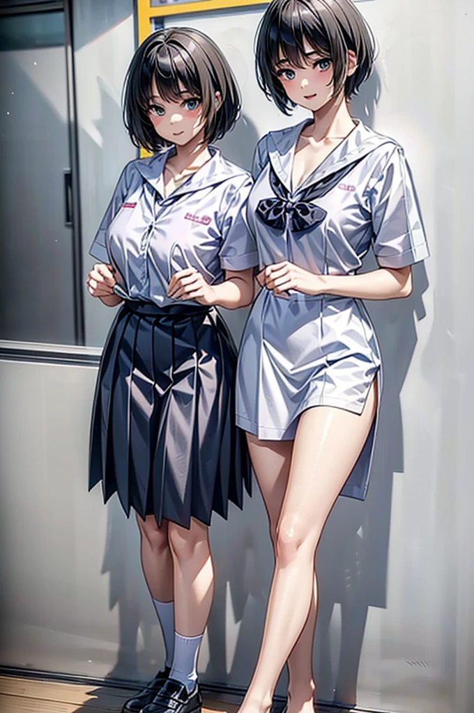 Tomboy girl wearing a Thai school uniform, Undercut hair like a boy but the body has curves that look sexy like a woman.  anime style, drop shadow, anatomically correct, best quality, UHD, masterpiece, anatomically correct, best quality