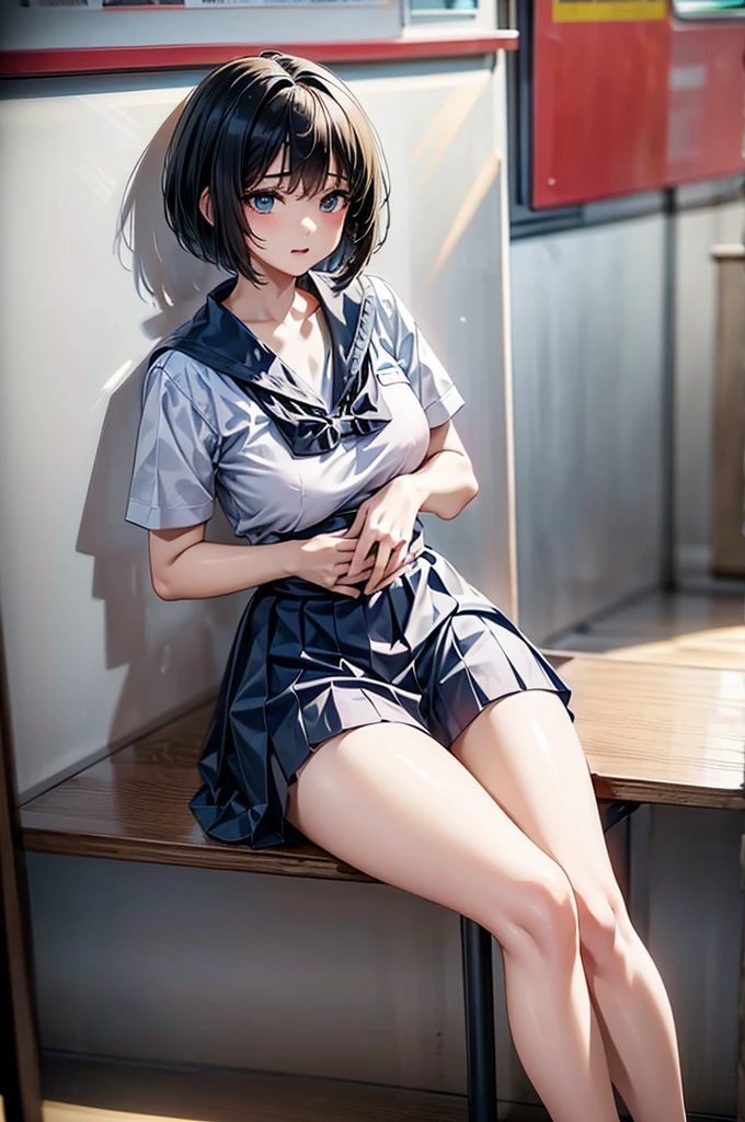 Tomboy girl wearing a Thai school uniform, Undercut hair like a boy but the body has curves that look sexy like a woman.  anime style, drop shadow, anatomically correct, best quality, UHD, masterpiece, anatomically correct, best quality