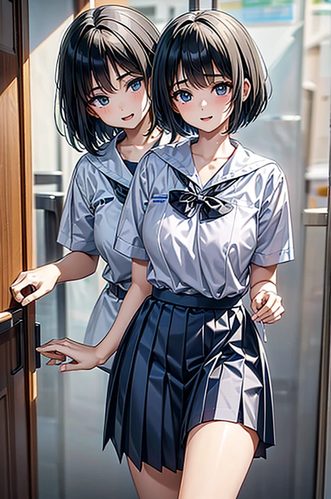 Tomboy girl wearing a Thai school uniform, Undercut hair like a boy but the body has curves that look sexy like a woman.  anime style, drop shadow, anatomically correct, best quality, UHD, masterpiece, anatomically correct, best quality