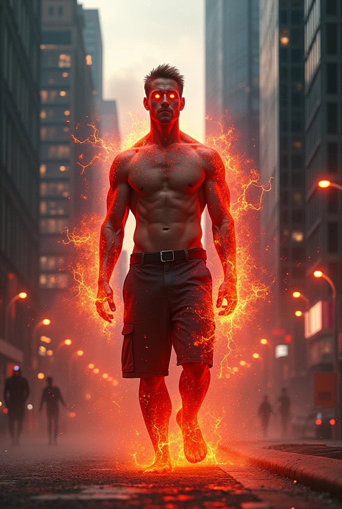 A man with cosmic and red fire powers glow eyes and standing shirt less in modern city