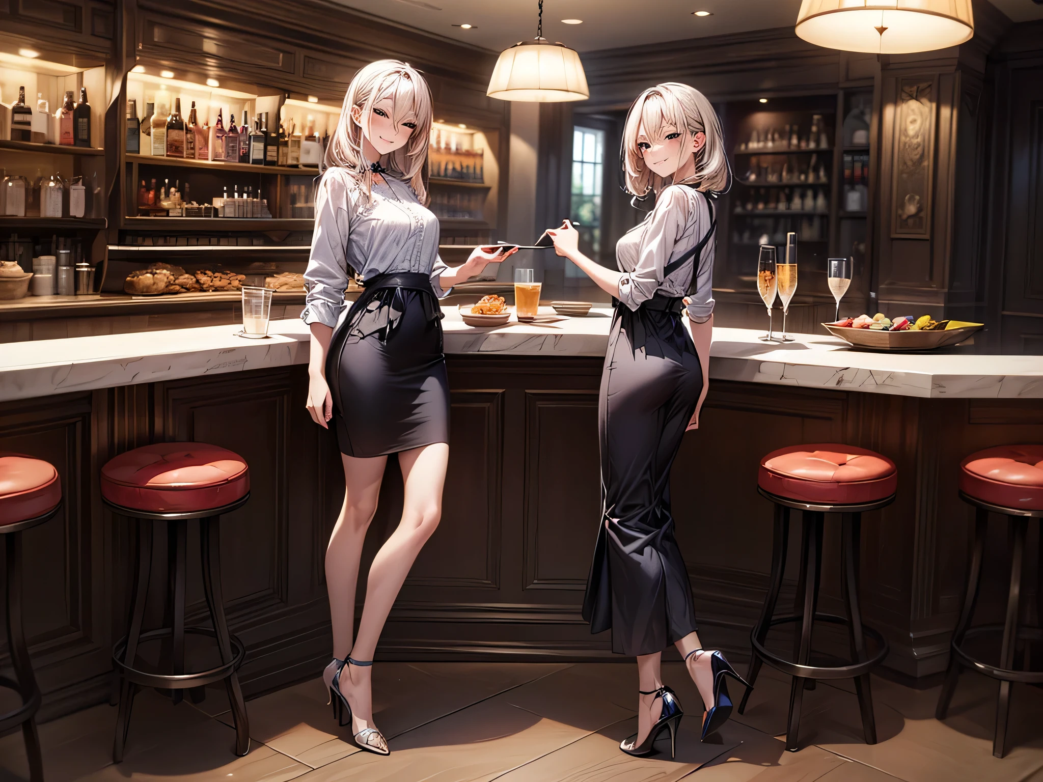 (masterpiece:1.3),(best quality, highest quality),((Full Body Shot,Including face)),girls,4K,masterpiece,((Focus on the face)),((Symmetrical facial features)),Beautiful woman,(slender),((High heels)),Detailed depiction of the face, Cafe ,bar,Casual wear,skirt,Age 25,(smirk),kawaii, (illustration:1.3)