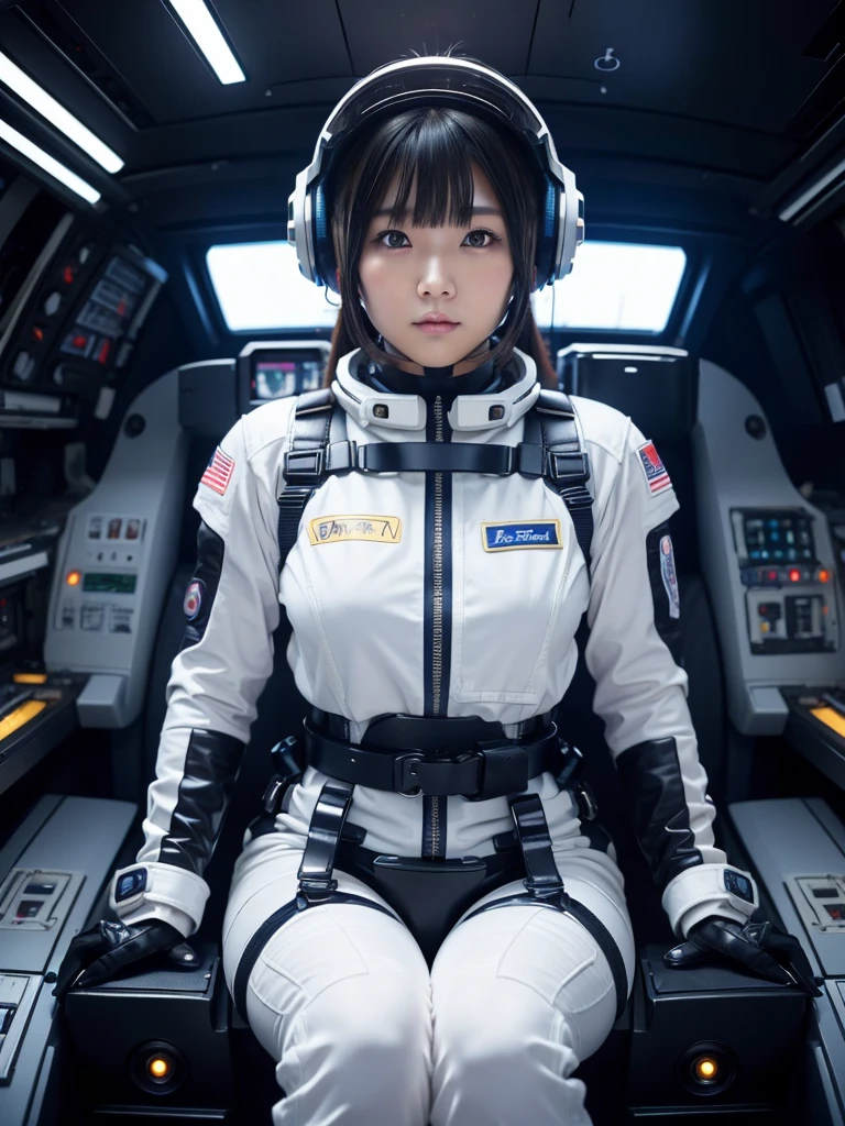 masterpiece, Highest quality, Very detailed, Japanese Android girl, Beautiful 2 Japanese woman, Plump,Slightly thicker,Control panel,Android,cyborg,Blunt bangs,Sitting in the cockpit and piloting,Spacesuit,Thick harness belt,Full-face helmet