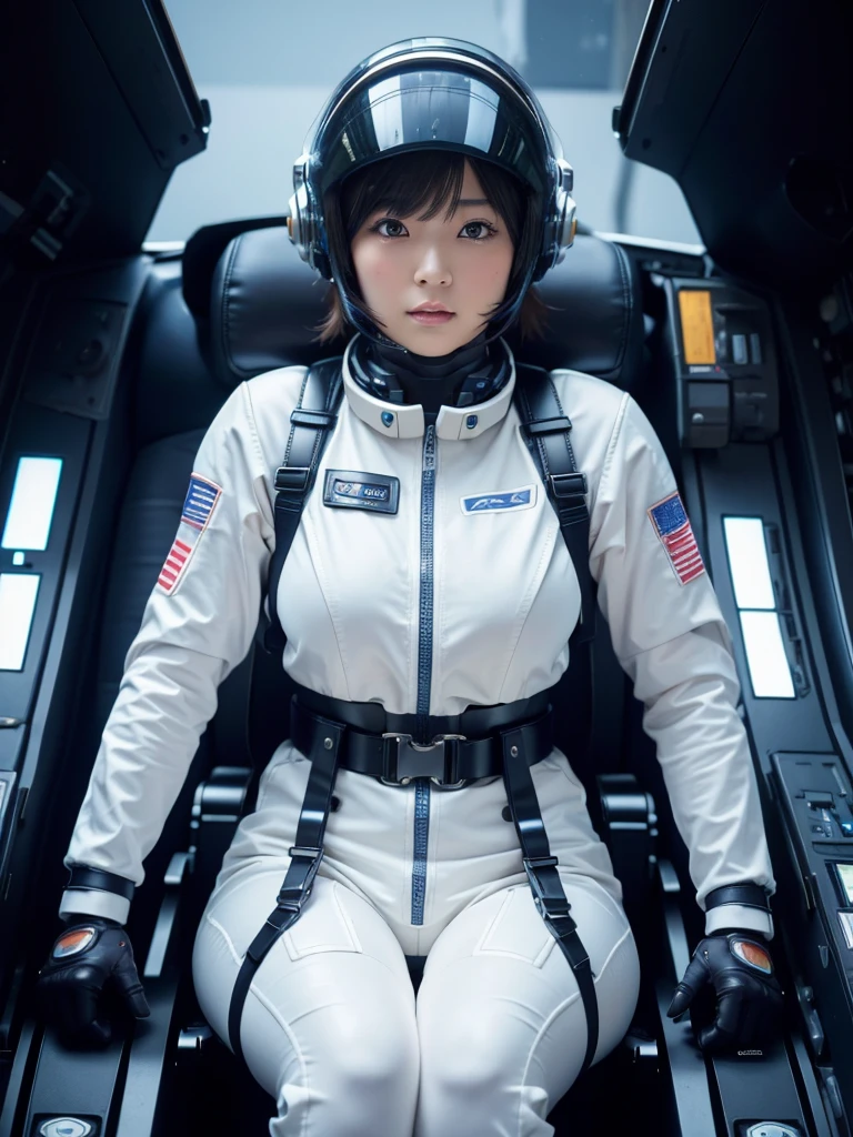 masterpiece, Highest quality, Very detailed, Japanese Android girl, Beautiful 2 Japanese woman, Plump,Slightly thicker,Control panel,Android,cyborg,Blunt bangs,Sitting in the cockpit and piloting,Spacesuit,Thick harness belt,Full-face helmet
