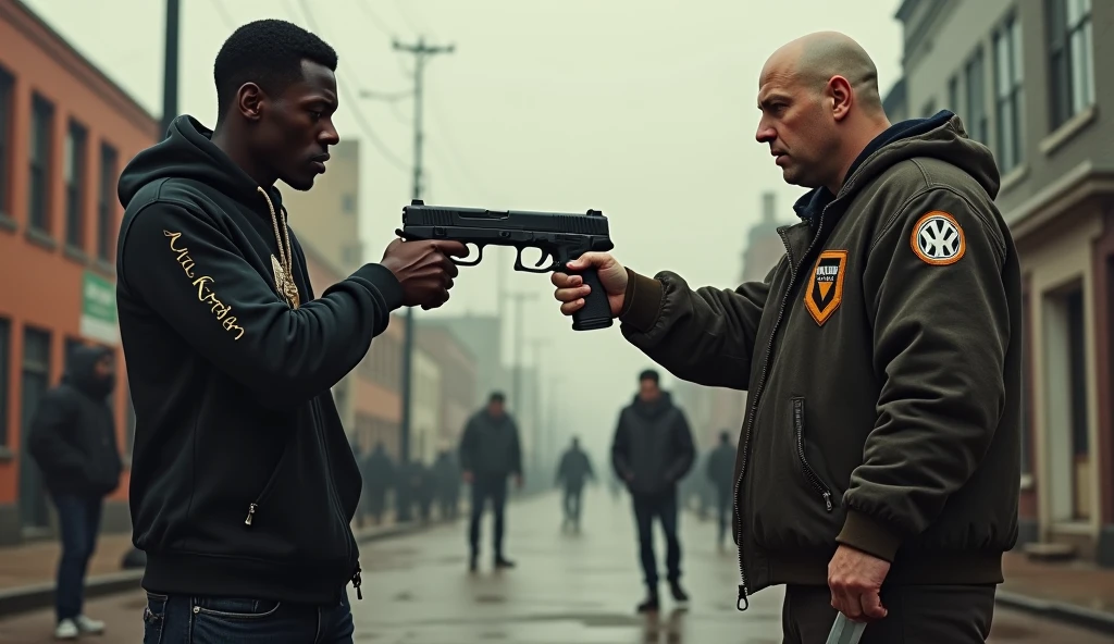 genera: character 1:Dark-skinned man whose clothing is from the brand EMPORIO ARMANI 7, loads a 50 caliber pistol, This man has short African American hair, 29 years. character 2: White skinned man whose clothing is Louis Vuitton, carry a knife, bald and wears a NY brand jockey, 28 years, fat build. The image that is generated with the environment is tense, This action takes place in a square, low-income