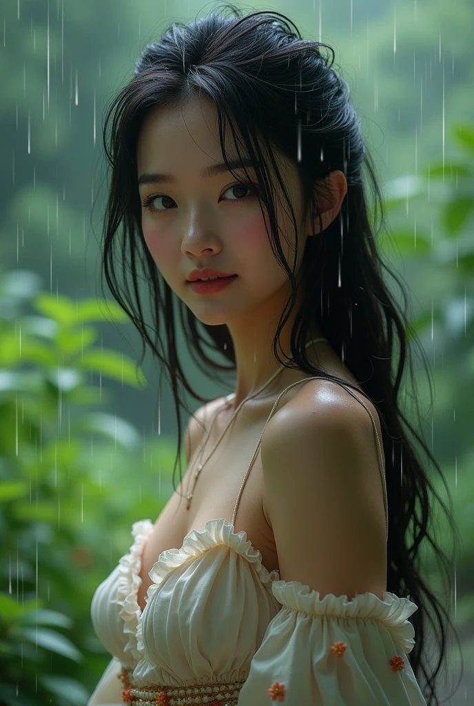 A Japanese woman languishing in the rain、Beauty、valley、Large Breasts、Beautiful eyes、Long Hair、Sharp eyes、Big Eyes、High nose、Grin、A lovely smile、