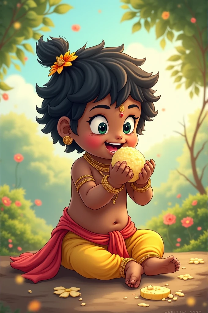 Create an anime of lord krishna eating makhan