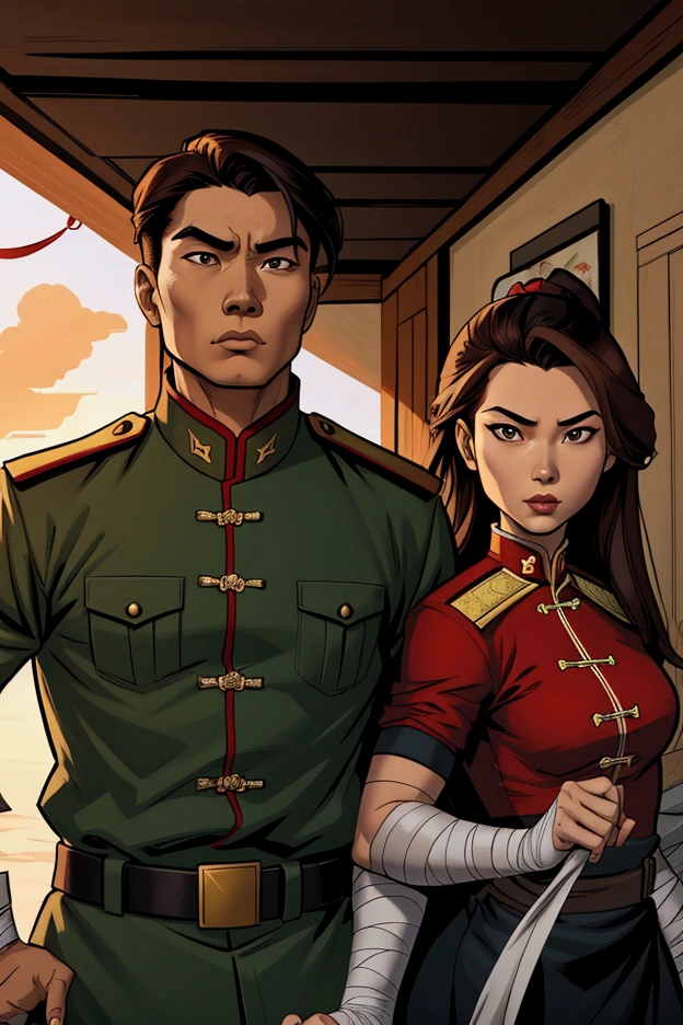 a revolution with a CHINESE female soldier with long tied up brown hair with bandages in a military uniform with a filipino man with black hair in a red shirt with filipinos and filipinas behind them 'comic art'