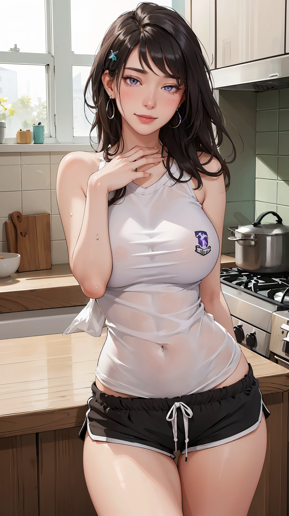 ((((masterpiece, best quality, high resolution)))), Extremely detailed 8K, Beautiful girl with voluptuous body, (Ultra HD, Ultra-detailed, Highly detailed, Highly realistic, Ultra-realistic, photograph realistic), (1girl:1.5), (Realistic black hair), (long silky hair, hair ornaments, earrings), (dynamic poses), facing at camera, looking at viewer, (blushing red, embarrassed, exhausted, smile), (violet eyes, sharp eyes), (big perky breasts:1.2), (wide hips:1.2), (beautiful detailed face, beautiful detailed eyes), ((naked, track shorts)), (detail pussy), (leaning against counter), sweat, glow, (sunbeam, sunlight), ((cowboy shot)), kitchen, seductive