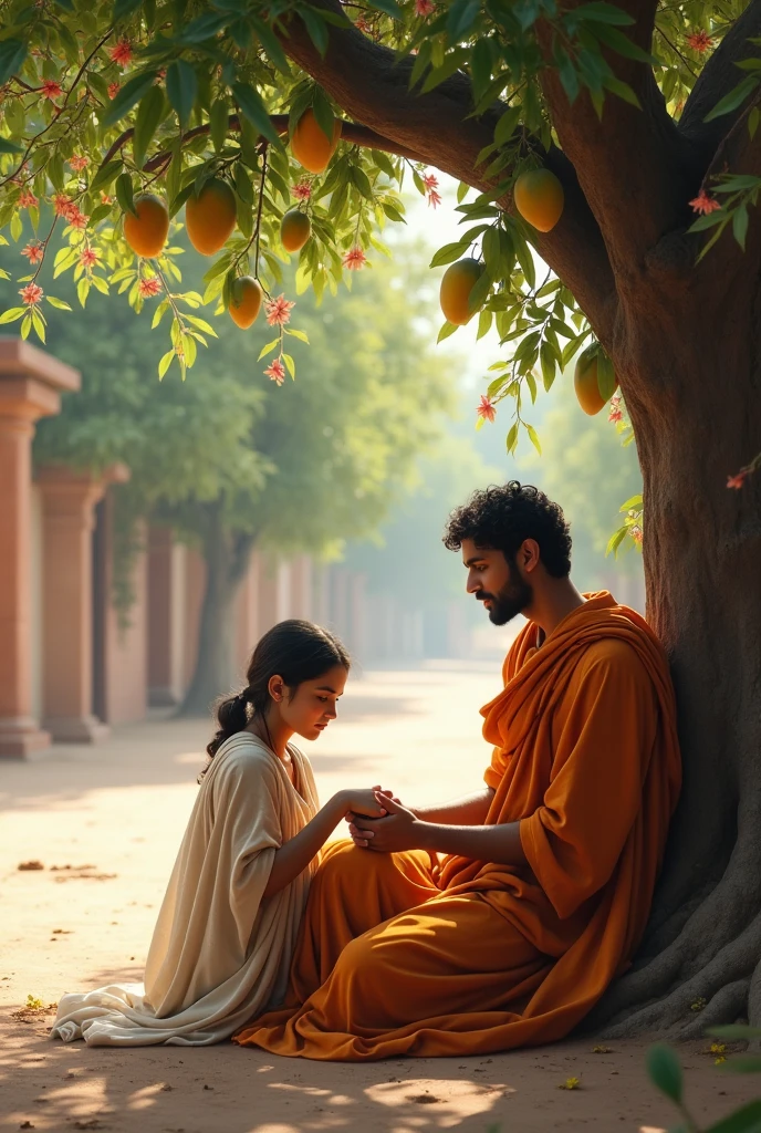 It is spring time in the old city of mathura in 3rd century BC. A young monk dressed in sage clothes is walking out of the city gates of Mathura and the streets are lonely.Trees are filled with blossom flowers and koels are sitting on the trees.Outside the city gates a mango groove is there. Under that tree, a woman is sitting and she is having small pox and looks ugly. The young monk sat down and placed the womann’s face on his lap and made her drink water.