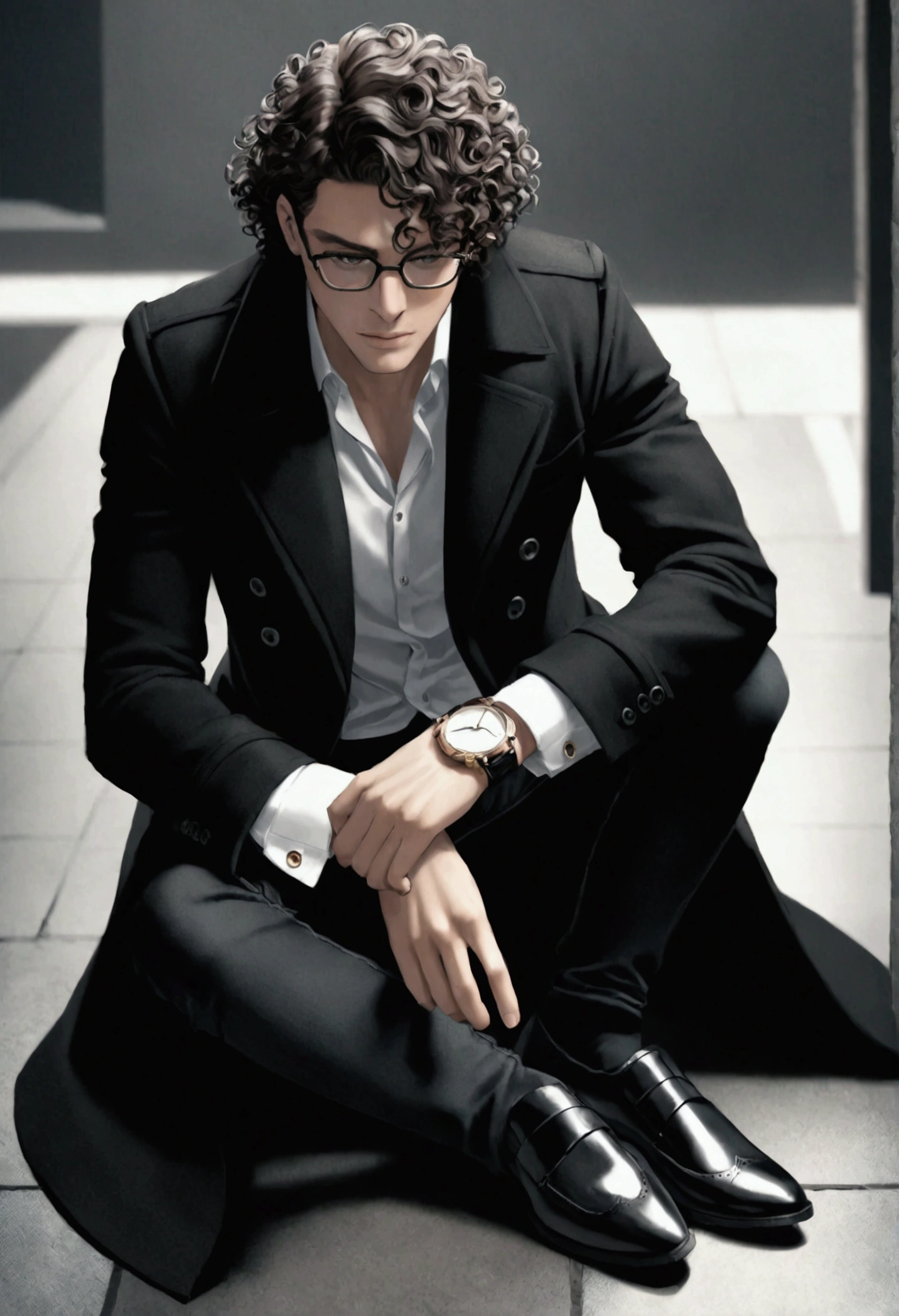 A 1 boy with curly hair wearing glasses wearing a black overcoat with a white blouse wearing a watch on his left wrist wearing black jeans with a shoe with black and white details