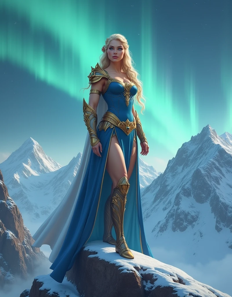 BOMBSHELL BLONDE WOMAN, WARRIOR FEMALE, VERY PALE SKIN, SKIN BLUE EYES, HIGH CHEEKBONES, ROSY CHEEKS, MENTAL FORAMEN, GOLD TIARA, HUGE LONG HAIR, DOUBLE BRAID HAIR, VOLUMOUS HAIR, BLUE AND GOLD LEOTARD ARMOUR, BLUE AND GOLD ARMOUR, GOLD GAUNTLETS, STRONG CURVY BODY, MUSCLES, GORGEOUS EXPOSED THIGHS, DETAILED QUADRICEPS, MUSCLES, GOLD FLAT BOOTS, STAND UP ON A HIGH MOUNTAINS ROCK, SHIELD , LONG GOLD AND BLUE CAPE, LONG SPLIT SKIRT, SIDE BODY VIEW, NORTHERN LIGHTS, NORTH POLE, SNOW, HIGH MOUNTAINS, SNOWING, NIGHT SKY, ACCURATE IMAGE, MASTERPIECE.