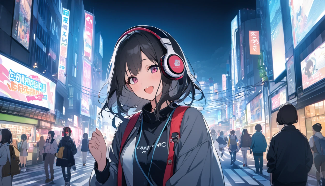 Smiling black-haired woman wearing headphones looking at the city of Tokyo,Streetscape、listen to music、Japanese、I can't open my mouth