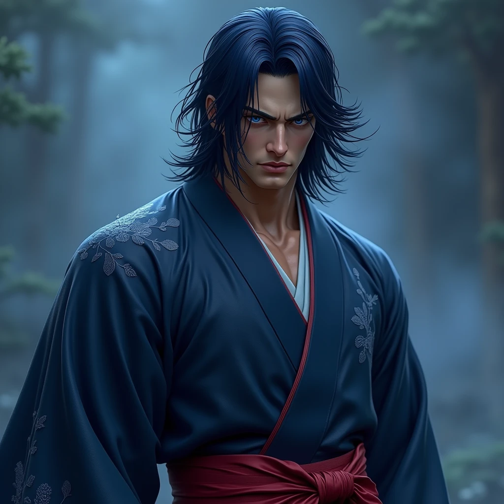 imagine a cute man with very dark blue hair and an aura of charisma who has the power and face of akainu in one piece with a dark blue kimono fading to light blue with a red belt