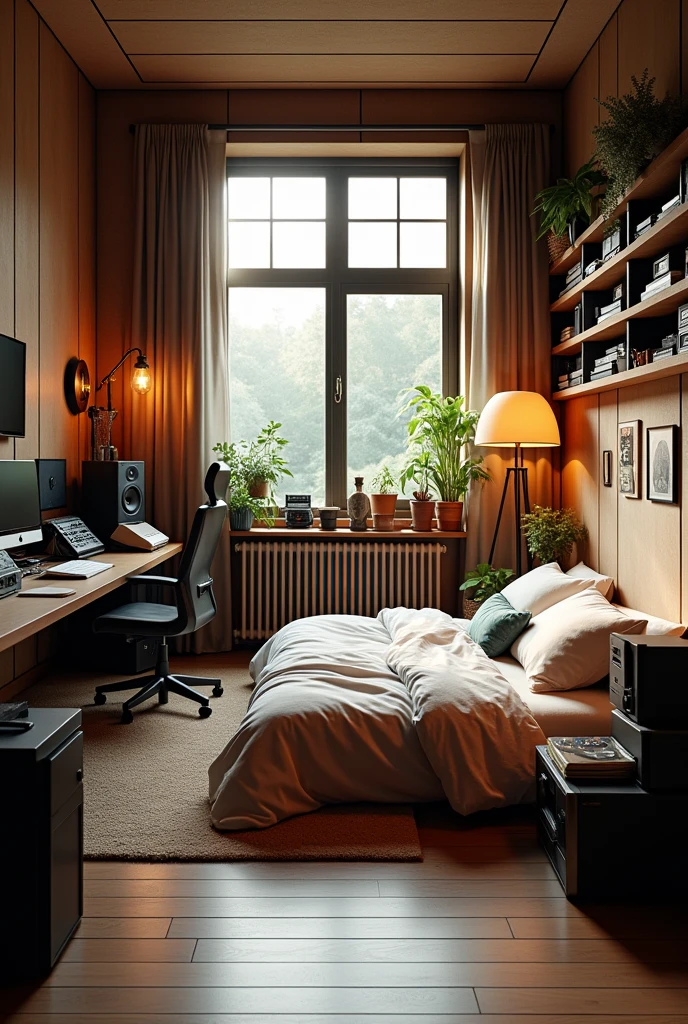 Create a recording studio in a 4 meter by 4 meter room with a bed