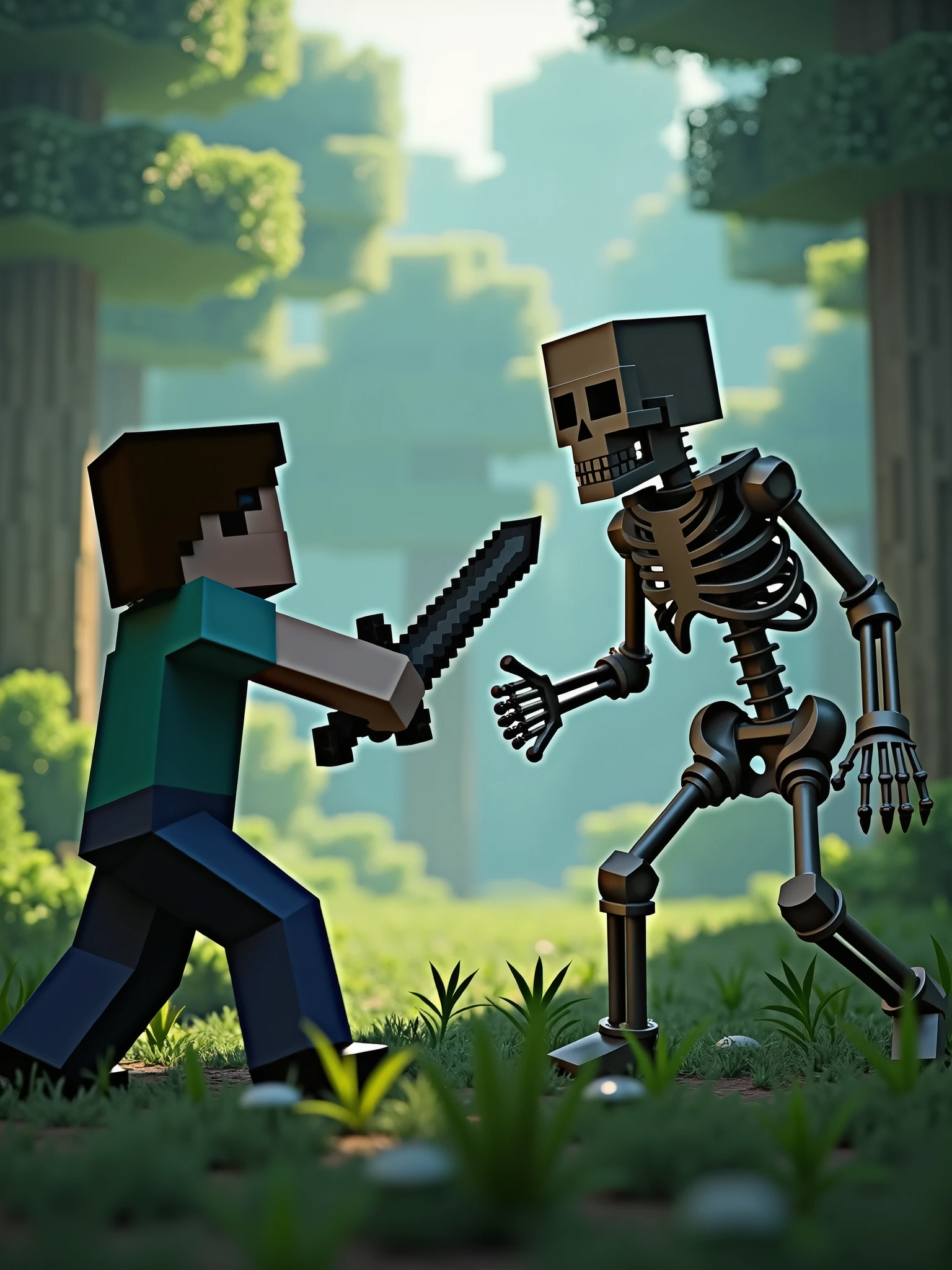 minecraft steve with a sword beating down a minecraft skeleton, minecraft promotional art, minecraft style, best quality, absurdres, intricate design, cinematic lighting, forest, depth of field