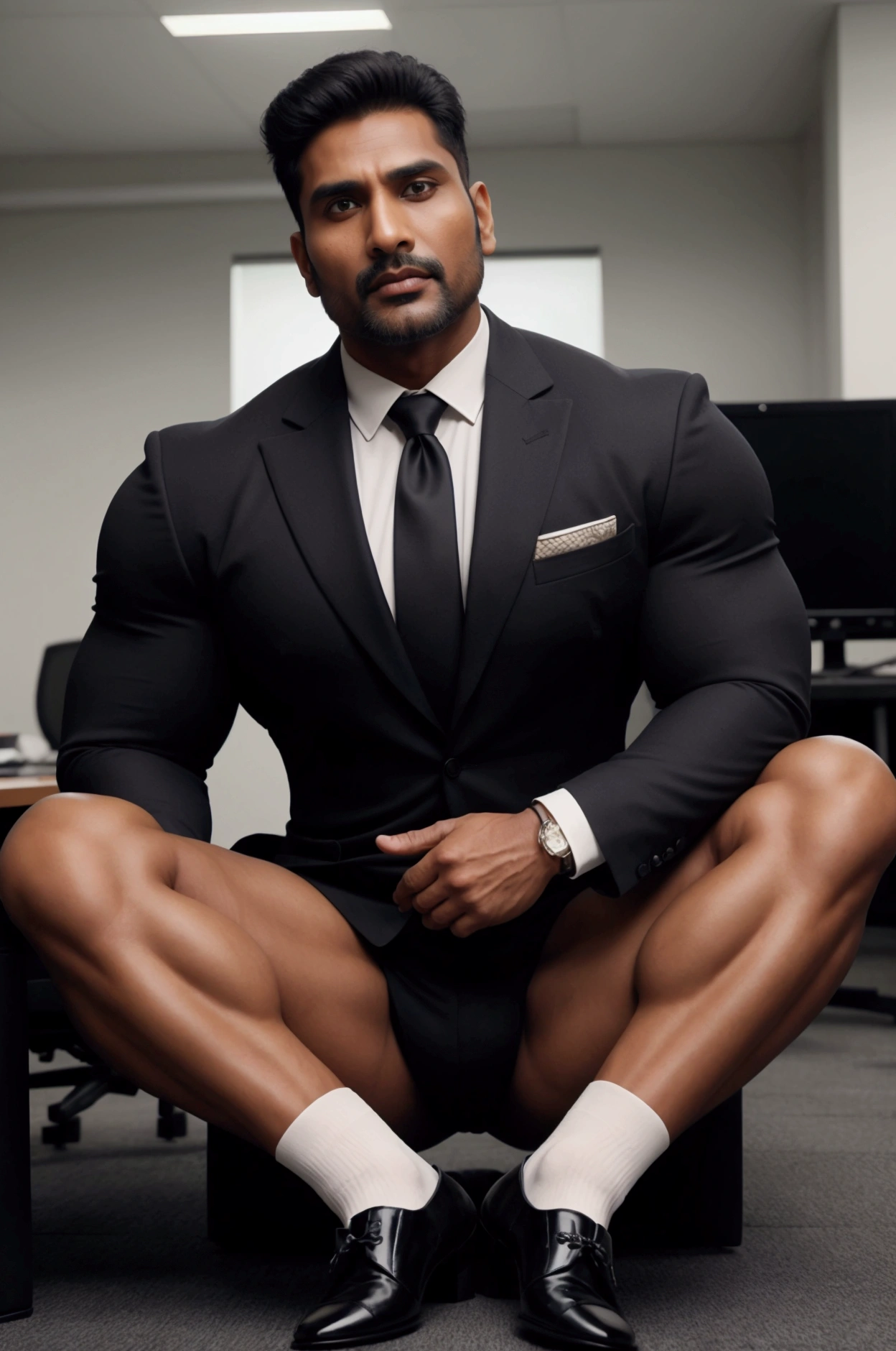 ((black guy has his penis standing with a brief sitting on an armchair))