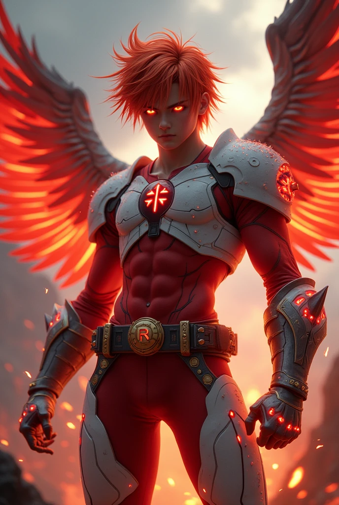 Male age 20, red short hair, asian, glowing red eyes, angry, black stone with lava glowing on the chest, red-light powers glowing, angel wings on fire, angel flame aura, broken armor, white Plate armor, armor breastplate with a pair four-pointed red stars, a gold belt buckle with a letter R, red leotard, plate belt, plate wristband, armor boots with red flames, cyberpunk japanese style, athletic, magic powers, action, black cat nails, crazy pose, volcano backgroud, full body