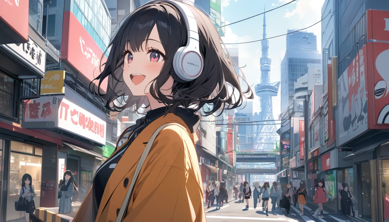 Smiling black-haired woman wearing headphones looking at the city of Tokyo,Streetscape、listen to music、Japanese、I can't open my mouth