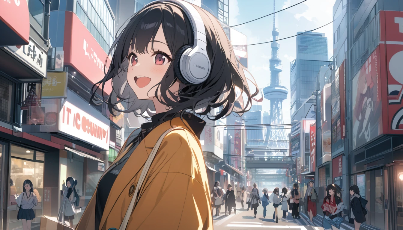 Smiling black-haired woman wearing headphones looking at the city of Tokyo,Streetscape、listen to music、Japanese、I can't open my mouth
