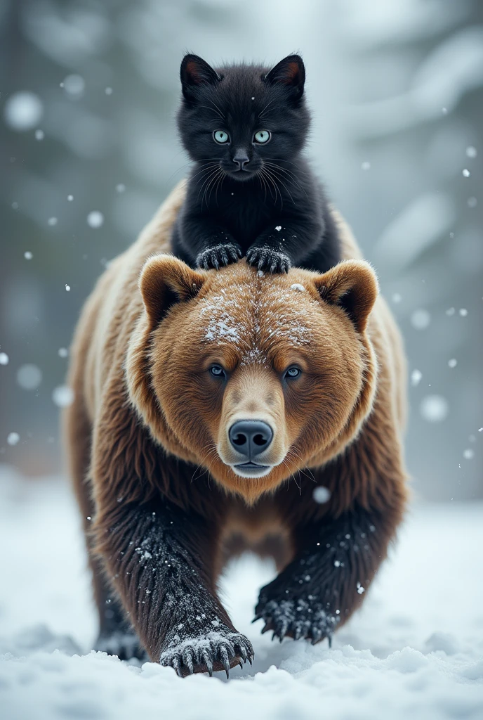 Cute black kitten riding a scary brown bear、Bear riding on snow、Rapid deployment、Brown bear surrenders