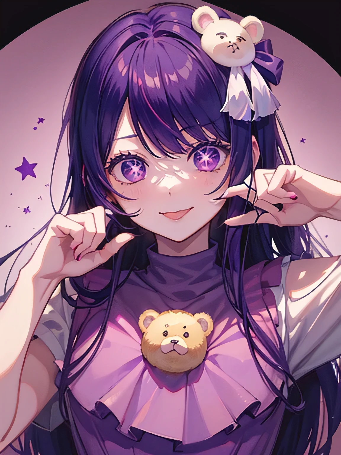 1girl, illustration, Hoshino Ai, Hoshino Ai wearing a very cute stuffed teddy bear, tongue out, tongue, (purple hair:1.2), purple eyes, smile, symbol-shaped pupils, star-shaped pupils, hair ornament, hands up, A very cute stuffed brown bear, Chibi, (Photorealism, Super detailed), ((masterpiece, best quality, high resolution))