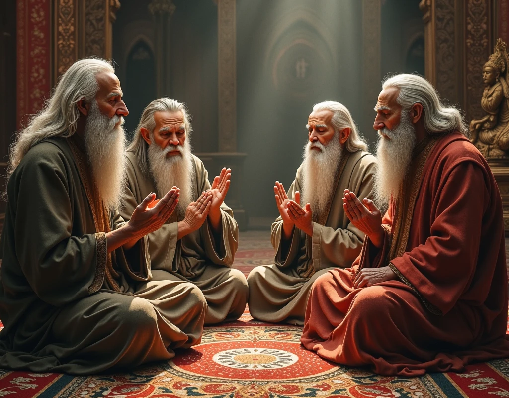 We have an image in which four old men are sitting at one place and worshiping God. High quality image.
