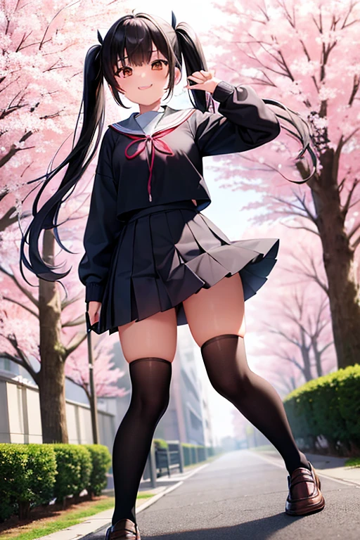 a girl, full body, black hair, twin tail, japanese school uniform, knee-high socks, loafers, from below, knee up, smile, cherry blossom trees
