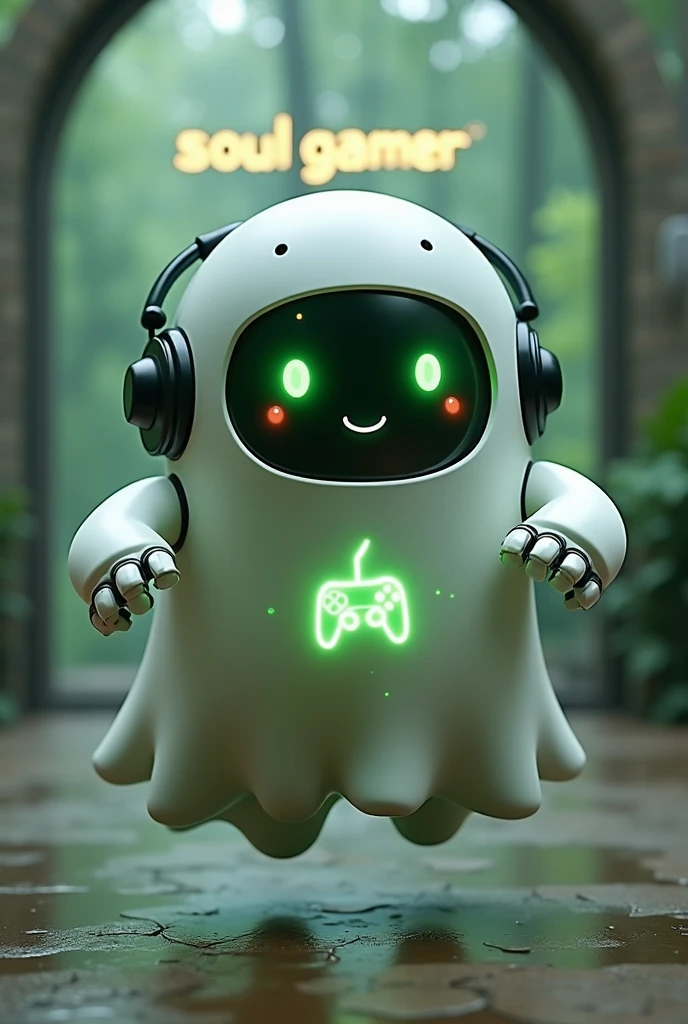 Create a medium-sized robot pet with a ghost-like appearance. Resembling a drop. On his hands he has five well-defined fingers. His facial expression has large, green eyes with a glow, conveying a friendly and cheerful expression. He has a small open mouth with a happy smile and flushed cheeks.. Its body is white with small green details and a smooth, slightly shiny texture.. He has a headset on his head with an adjustable microphone positioned close to his mouth.. And on his chest you can see the illuminated shape of a Playstation 5 controller in fluorescent green.. It floats in the air, as if he were ready for an adventure. Behind the character you can see a portal where it is written "Soul Gamer"