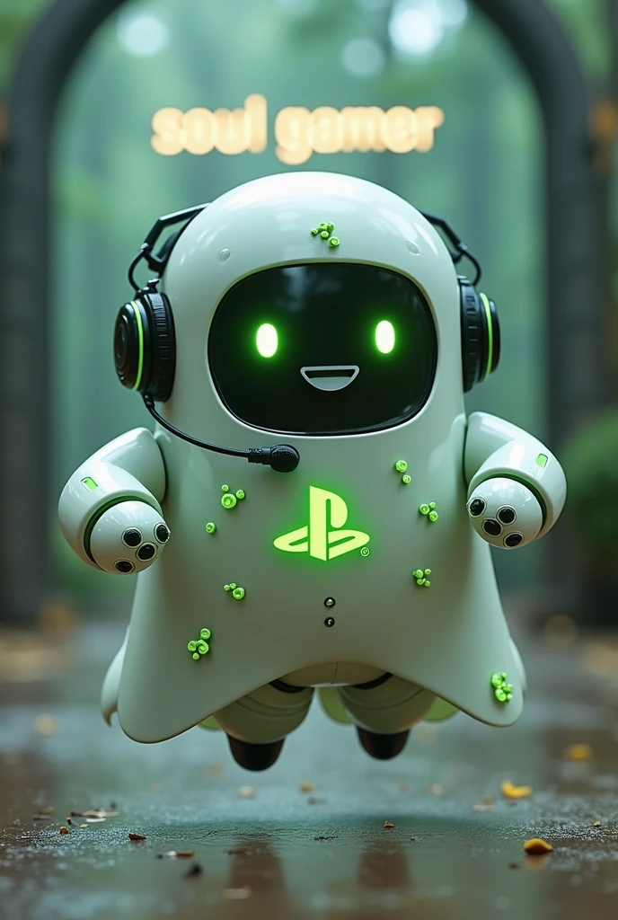 Create a medium-sized robot pet with a ghost-like appearance. Resembling a drop. On his hands he has five well-defined fingers. His facial expression has large, green eyes with a glow, conveying a friendly and cheerful expression. He has a small open mouth with a happy smile and flushed cheeks.. Its body is white with small green details and a smooth, slightly shiny texture.. He has a headset on his head with an adjustable microphone positioned close to his mouth.. And on his chest you can see the illuminated shape of a Playstation 5 controller in fluorescent green.. It floats in the air, as if he were ready for an adventure. Behind the character you can see a portal where it is written "Soul Gamer"