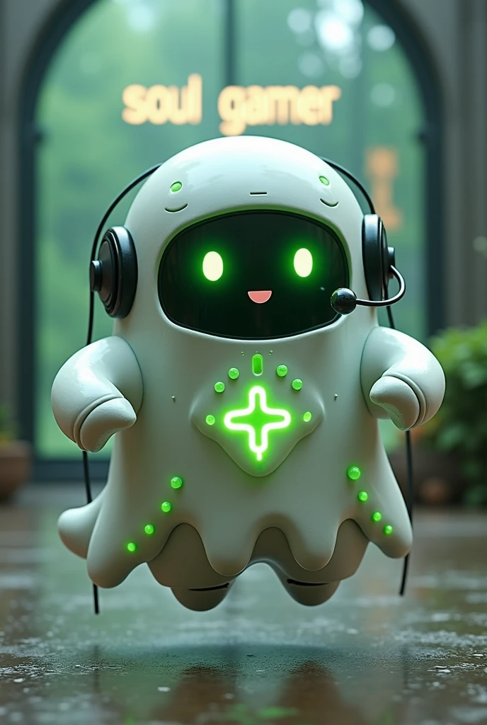 Create a medium-sized robot pet with a ghost-like appearance. Resembling a drop. On his hands he has five well-defined fingers. His facial expression has large, green eyes with a glow, conveying a friendly and cheerful expression. He has a small open mouth with a happy smile and flushed cheeks.. Its body is white with small green details and a smooth, slightly shiny texture.. He has a headset on his head with an adjustable microphone positioned close to his mouth.. And on his chest you can see the illuminated shape of a Playstation 5 controller in fluorescent green.. It floats in the air, as if he were ready for an adventure. Behind the character you can see a portal where it is written "Soul Gamer"