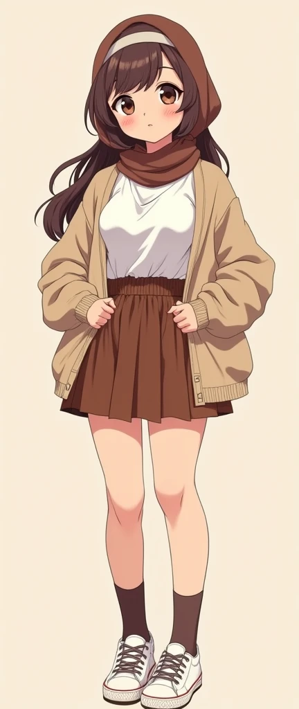 Anime with text: 
(masterpiece, best quality, 4k, expressive eyes, perfect face, 2d style, flat style, hand drawn), Cute and adorable face, big detailed eyes,, Cute anime girl, ((big breast, big , thick thighs)), with brown hijab on, ((brown Hijab)), bangs, wearing oversized beige cardigan, white shirt, cleavage, brown skirt, ((brown socks, long socks)), sneakers, showing her panties, pulling up her skirt, upskirt, exposed legs, white underwear, full body view 