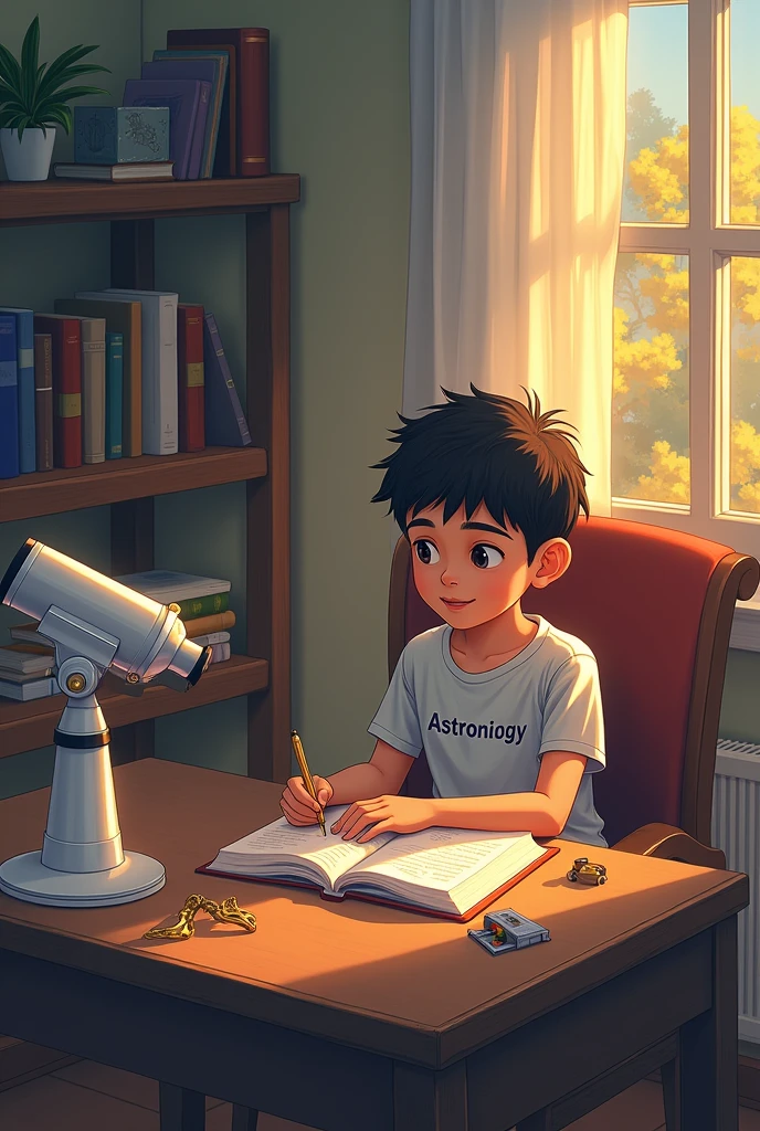 One fine evening. Sun light coming through the window. A boy sitting on chair who weared a t-shirt named Astronomy. A white colour telescope on his table's corner. A book on his table's corner named
Psychology . Some mathematical instruments on the table. The boy is looking at the book and solving trigonometry problem.